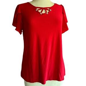 Womens Top Size Large Red Flowy Short Sleeve Professional Office Glam Date Night
